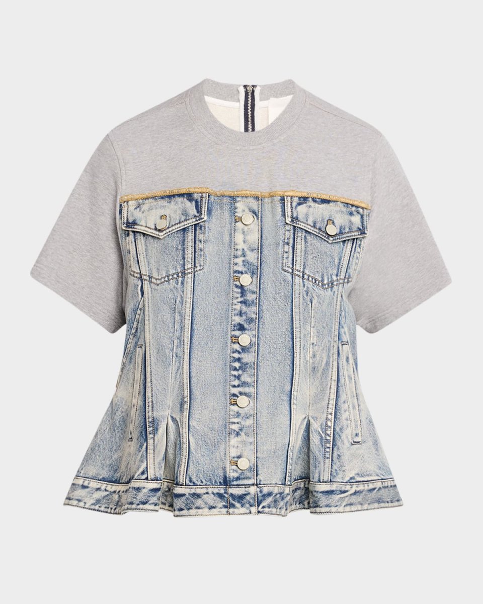 Flounce Hybrid Denim and French Terry Top